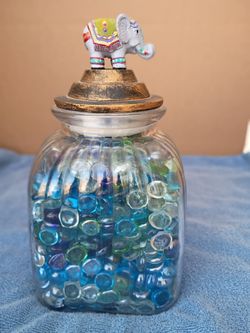 Glass Jar with Elephant Lid and Glass Gems