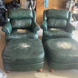 2 Green Leather Chairs With Ottoman