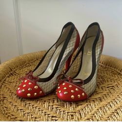 Christian Louboutin Candy Pumps: Red Spike Leather and Black Lace EU38/US7