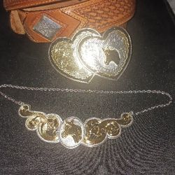 Vintage Hand Engraved Montana Silversmith  Horse Head  Belt Buckle & Choker Necklace  w/ Tony Lama Leather Belt 