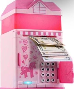 Piggy Bank, Pink ATM Plastic Piggy Bank for Real Money, Gift Toys for Girls Boys Kids Birthday, Cute Electronic Cash Cointr Code with Night Light, Mus