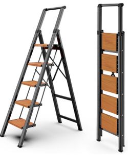 5 Step Ladders for Home, 300lbs Load, 45" Top Step, BK/Wood Grain