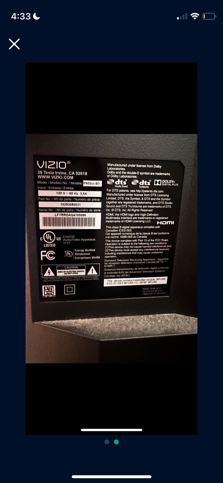 Vizio P602UI-B3 60” 4K TV