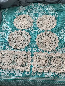 Adorable Vintage Handmade Crochet six Doilies Set two rectangular and four circ $10 each or $50 all