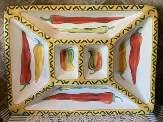 LARGE 18” x 13 1/2” CLAY ART 6 PART CHILI RELISH DISH-FROM 1998~HAND PAINTED~EXCELLENT CONDITION